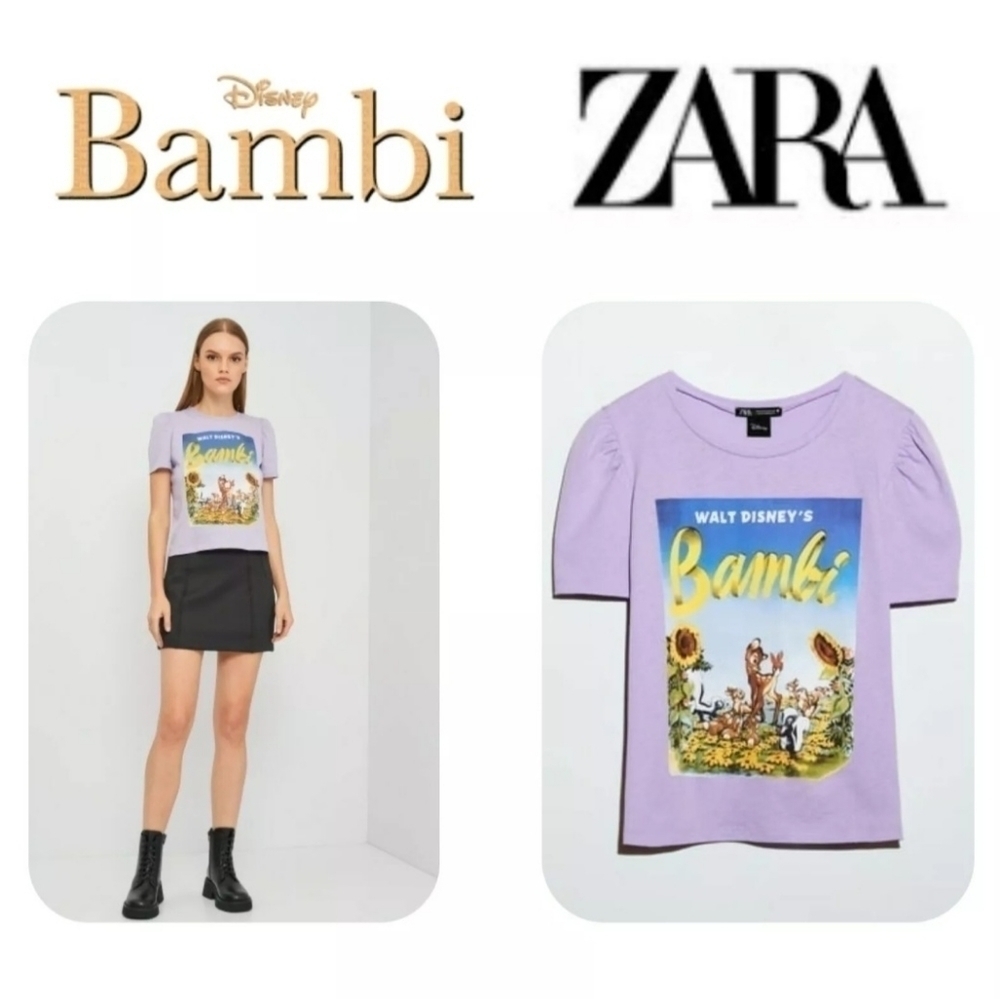 NWT Zara Disney Bambi Print Puff Short Sleeves Women's T-Shirt Size M